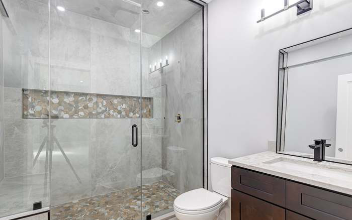 Custom Bathroom with Shower cabin and white tile in Chicago